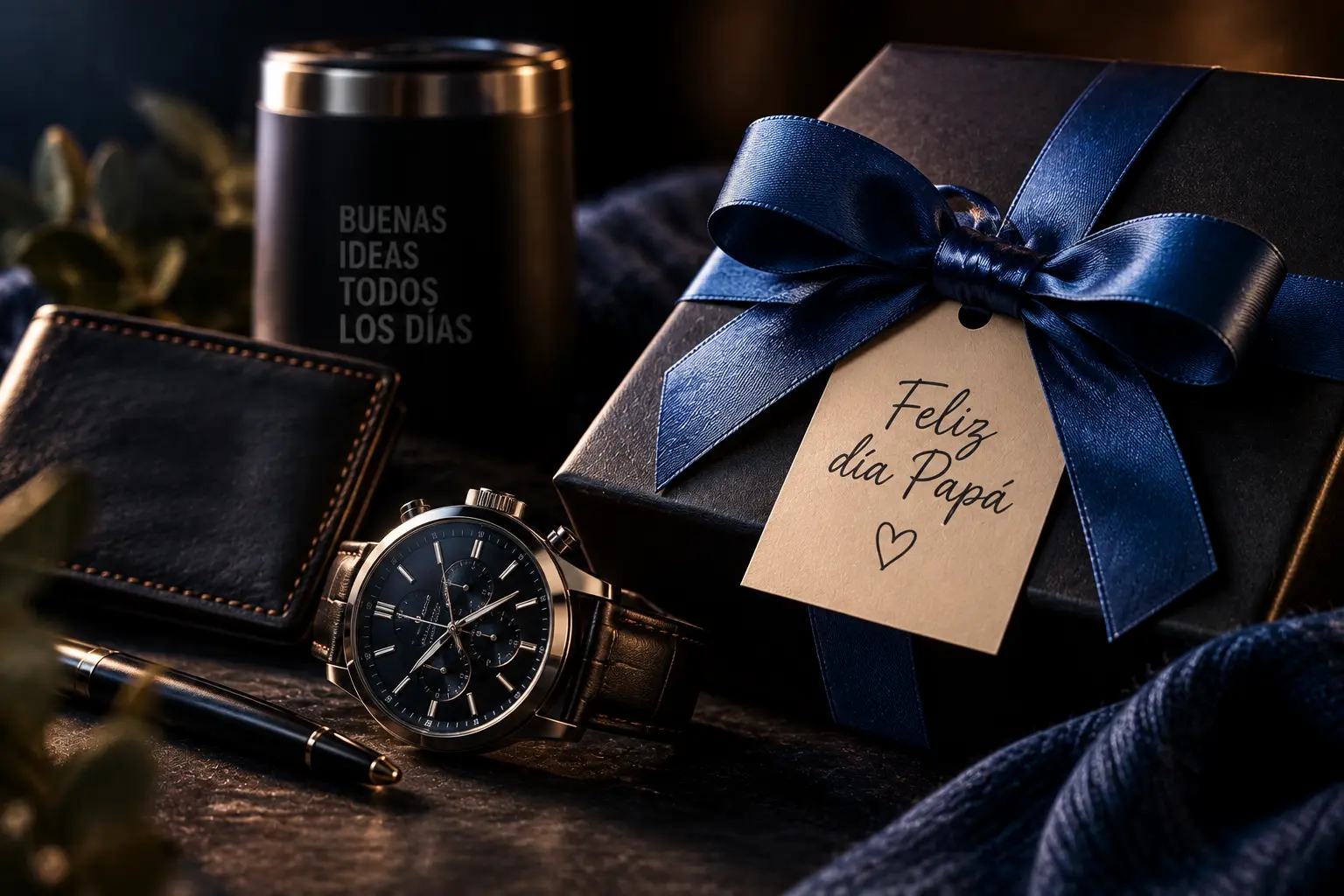 Reloj, billetera y caja de regalo con moño azul