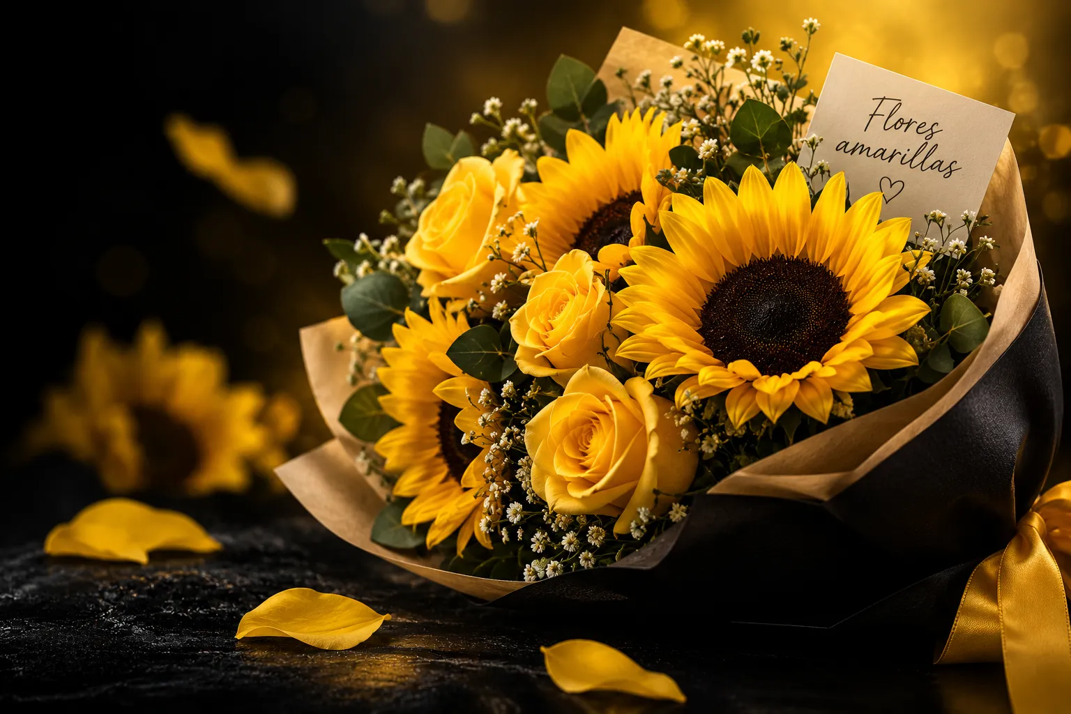 Ramo de girasoles y rosas amarillas