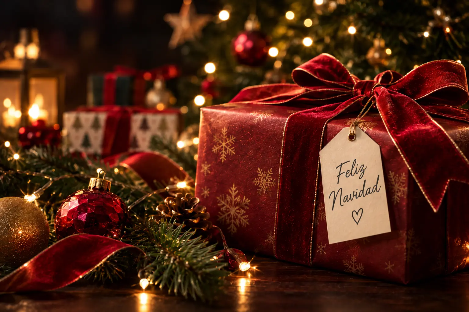Caja de regalo roja junto a un árbol de Navidad iluminado