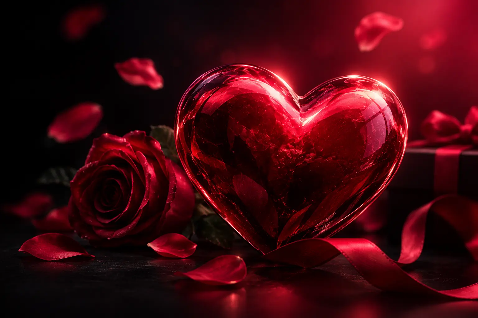 Corazón de vidrio rojo entre rosas y pétalos